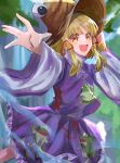  1girl :d animal_print blonde_hair blurry blurry_background brown_headwear frog_print highres jingai_(k1bun) long_sleeves looking_at_viewer moriya_suwako open_mouth outdoors purple_skirt purple_vest shirt short_hair sidelocks skirt smile solo touhou vest white_shirt wide_sleeves yellow_eyes 