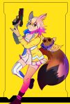  1girl absurdres animal_ear_fluff animal_ears blonde_hair coyopotato coyote_(kemono_friends) cyberpunk_(series) cyberpunk_2077 extra_ears gun highres jacket kemono_friends kemono_friends_v_project kneehighs looking_at_viewer parody shoes short_hair simple_background skirt socks sunglasses tail virtual_youtuber weapon wolf_ears wolf_girl wolf_tail yasiti yellow_eyes 