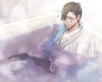  1boy ahoge bathtub black_hair black_sash blue_jacket confused fate/grand_order fate_(series) feet_out_of_frame glasses grey_hakama hair_over_one_eye hair_pulled_back hakama haori highres jacket japanese_clothes kimono knee_up male_focus nemoppoi off_shoulder parted_lips partially_submerged sash short_hair sitting solo steam violet_eyes water wet wet_clothes wet_hair white_kimono yamanami_keisuke_(fate) 