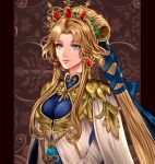  1girl absurdly_long_hair blonde_hair blue_eyes breasts crown dress fire_emblem fire_emblem:_mystery_of_the_emblem gold_trim highres long_hair looking_at_viewer medium_breasts nyna_(fire_emblem) profile schereas solo very_long_hair watermark white_dress 