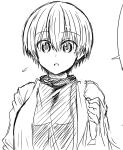  1girl bangs breasts cardigan commentary greyscale hair_between_eyes hatching_(texture) huge_breasts linear_hatching long_bangs looking_at_viewer monochrome official_art open_cardigan open_clothes open_mouth parted_lips raised_eyebrows short_hair simple_background sketch solo speech_bubble take_(shokumu-taiman) turtleneck upper_body uzaki-chan_wa_asobitai! uzaki_hana white_background 