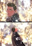  2boys black_coat black_hair blush brown_hair chris_redfield cigarette closed_eyes closed_mouth coat facial_hair highres kuconoms male_focus multiple_boys piers_nivans resident_evil resident_evil_6 scarf short_hair snowing winter winter_clothes 