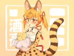  1girl animal_costume animal_ear_fluff animal_ears bow bowtie brown_eyes brown_hair cat_ears cat_girl cat_tail extra_ears highres kemono_friends kemono_friends_v_project large-spotted_genet_(kemono_friends) long_hair looking_at_viewer microphone open_mouth ribbon shirt simple_background skirt solo suspenders tail twintails virtual_youtuber y0whqzz8bkslezl 