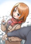  1boy 1girl blush breath brown_coat coat duffel_coat hetero hojo_karen holding_hands idolmaster idolmaster_cinderella_girls looking_at_viewer orange_hair outdoors pov pov_hands producer_(idolmaster) red_scarf scarf seisel smile snow solo_focus 