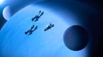  absurdres blue_theme dofresh highres infinite_fleet no_humans official_art planet scenery science_fiction space spacecraft 