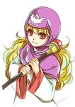  1girl bad_link blonde_hair closed_mouth curly_hair dragon_quest dragon_quest_ii dress hood long_hair looking_at_viewer princess princess_of_moonbrook red_eyes robe simple_background smile solo staff white_background 