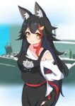  1girl absurdres animal_ear_fluff animal_ears apron arms_behind_back bangs black_apron black_hair blurry blurry_background blush choker commentary_request hair_between_eyes highres hololive kitchen long_hair looking_at_viewer matoi_mato multicolored_hair ookami_mio red_choker redhead shirt sidelocks smile solo streaked_hair tail virtual_youtuber white_shirt wolf_ears wolf_girl wolf_tail yellow_eyes 