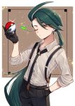  1girl ahoge bangs black_necktie black_pants bright_pupils brown_eyes closed_mouth collared_shirt commentary_request earrings glint gloves green_hair hand_in_pocket hand_up heart highres holding holding_poke_ball jewelry long_hair mocacoffee_1001 necktie one_eye_closed pants poke_ball poke_ball_(basic) pokemon pokemon_(game) pokemon_sv ponytail rika_(pokemon) shirt solo suspenders white_pupils 
