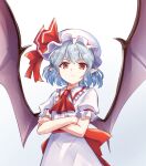  1girl ascot bat_wings closed_mouth crossed_arms grey_hair hat hat_ribbon highres kachuten looking_at_viewer mob_cap pointy_ears red_ascot red_eyes red_ribbon remilia_scarlet ribbon short_hair short_sleeves simple_background smile solo touhou upper_body white_background white_headwear wings 