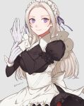  1girl absurdres adjusting_clothes adjusting_gloves alternate_costume apron black_dress commentary dress edelgard_von_hresvelg enmaided fire_emblem fire_emblem:_three_houses forehead frilled_dress frills gloves grey_background hair_ribbon highres juliet_sleeves long_hair long_sleeves looking_at_viewer maid maid_headdress peach11_01 puffy_sleeves purple_ribbon ribbon simple_background smile solo twitter_username violet_eyes waist_apron white_apron white_hair 