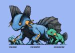  absurdres animal_focus blacknirrow blue_background blue_theme character_name closed_mouth commentary english_commentary english_text evolutionary_line full_body highres looking_up marshtomp mudkip no_humans open_mouth orange_eyes pokedex_number pokemon pokemon_(creature) realistic shiny shiny_skin simple_background sketch standing swampert 