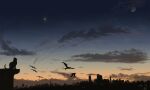 2018 animal bird blue_sky cat chinese_commentary city_lights cityscape cliff clouds cloudy_sky dark_clouds dated evening flying gradient_sky highres landscape mixed-language_commentary moon multicolored_sky no_humans orange_sky original scenery shuang_zhi signature silhouette sitting sky star_(sky) sunset twilight wide_shot 