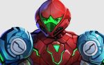  1girl armor glowing helmet looking_at_viewer metroid metroid_dread power_armor power_suit power_suit_(metroid) samus_aran science_fiction simple_background solo upper_body weapon xuuikie_ashe 