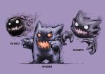  absurdres arms_up black_eyes blacknirrow character_name colored_sclera commentary constricted_pupils disembodied_limb english_commentary english_text evolutionary_line floating full_body gastly gengar ghost happy haunter highres no_humans open_mouth outstretched_arms pokedex_number pokemon pokemon_(creature) purple_background purple_theme realistic red_sclera sharp_teeth simple_background sketch smile standing teeth 