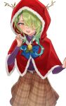 1girl :d antlers antlers_through_headwear braid branch capelet ceres_fauna flower french_braid green_hair green_nails gukurosawa01 hair_flower hair_ornament hair_over_one_eye high-waist_skirt highres hololive hololive_english hood hood_up leaf looking_at_viewer mole mole_under_eye nail_polish open_mouth simple_background skirt smile solo sweater virtual_youtuber white_background yellow_eyes 