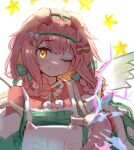  1girl ;d animal_ears apron ark_bone arknights arm_up bow braid cat_ears christmas diamond-shaped_pupils diamond_(shape) electricity floppy_ears goldenglow_(arknights) green_apron green_bow hair_bow hair_ornament hairband long_hair looking_at_viewer official_alternate_costume one_eye_closed pink_hair pink_hairband pink_sweater red_bow simple_background sketch smile solo star_(sky) sweater symbol-shaped_pupils upper_body white_background white_bow x_hair_ornament yellow_eyes 