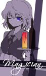  1girl bottle closed_mouth collared_shirt commentary_request denciu holding holding_tray long_sleeves maribel_hearn medium_hair no_headwear one_eye_closed shirt smile solo touhou tray upper_body vest violet_eyes 