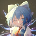  1girl blue_bow blue_dress blue_eyes blue_hair bow cirno closed_mouth collared_shirt dress fairy hair_between_eyes hair_bow highres ice ice_wings lbcirno9 one_eye_closed portrait puffy_short_sleeves puffy_sleeves shirt short_hair short_sleeves smile solo touhou twitter_username white_shirt wings 