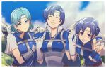  3girls ^_^ aduti_momoyama arm_guards armor belt belt_buckle blue_armor blue_cape blue_gloves blue_hair blue_sky border brown_belt buckle cape closed_eyes closed_mouth clouds day fingerless_gloves fire_emblem fire_emblem:_the_binding_blade gloves grin hair_intakes hands_up high_collar highres holding_hands interlocked_fingers juno_(fire_emblem) light_blue_hair long_hair mountain multiple_girls outstretched_arm pauldrons pegasus_knight_uniform_(fire_emblem) ponytail shanna_(fire_emblem) short_hair shoulder_armor siblings sisters sky smile thea_(fire_emblem) v white_border white_gloves 