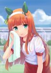  1girl absurdres alternate_costume animal_ears bangs bent_over blue_eyes blurry blurry_background clouds commentary_request hair_ornament headband highres horse_ears horse_girl looking_at_viewer open_mouth sakurakkuma shorts silence_suzuka_(umamusume) sky solo towel umamusume 