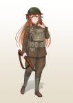  1girl brown_footwear brown_hair brown_jacket brown_pants girls_frontline green_eyes green_headwear helmet highres holding holding_weapon jacket long_hair long_sleeves m1903_springfield military military_helmet military_uniform pants ryuukihei_rentai shadow smile solo springfield_(girls&#039;_frontline) uniform united_states_army weapon white_background world_war_i 