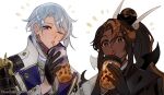  1boy 1girl armor artist_name bangs black_gloves black_hair black_robe blue_hair brown_eyes brown_hair bubble_tea caramel_arrow_cookie cioccolatodorima commentary cookie_run crossover cup dark-skinned_female dark_skin disposable_cup drinking drinking_straw english_commentary genshin_impact gloves hair_between_eyes hair_ornament half_gloves happy_aura high_ponytail holding holding_cup horn_ornament horns humanization jacket japanese_armor japanese_clothes kamisato_ayato kimono lapels light_blue_hair long_hair looking_at_viewer medium_hair mole mole_under_mouth multicolored_clothes multicolored_hair one_eye_closed parted_bangs robe shoulder_armor simple_background sode streaked_hair tassel trait_connection two-tone_hair upper_body violet_eyes white_background white_jacket 