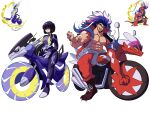  1boy 1girl abs absurdres blue_eyes bodysuit boots breasts glasses gloves ground_vehicle highres koraidon long_hair looking_at_viewer miraidon motor_vehicle motorcycle multicolored_hair pants pectorals personification pokemon pokemon_(creature) pokemon_(game) pokemon_sv purple_hair short_hair tina_fate tongue tongue_out vest 