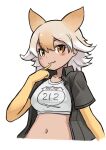  :3 animal_ears black_jacket blonde_hair collared_shirt commentary_request coyote_(kemono_friends) crop_top elbow_gloves extra_ears fang finger_to_mouth gloves hair_between_eyes highres jacket kemono_friends looking_at_viewer midriff multicolored_hair navel okome_kogashi open_clothes open_jacket shirt short_hair short_sleeves two-tone_hair upper_body white_hair white_shirt wolf_ears wolf_girl yellow_eyes yellow_gloves 