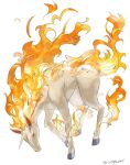  commentary_request fire highres no_humans pecohophop pokemon pokemon_(creature) rapidash red_eyes simple_background solo standing twitter_username unicorn white_background 
