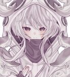  1girl bangs blush closed_mouth codename_jaroa commentary english_commentary grey_eyes grey_hair hair_between_eyes hand_up highres hood hood_up hooded_jacket jacket original simple_background solo suction_cups tentacles upper_body white_background white_jacket 