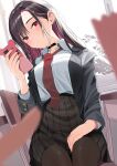  1girl bangs black_choker blurry blurry_foreground breasts chair choker desk grey_shirt highres indoors large_breasts long_hair motto_notto original pantyhose shirt shirt_tucked_in sitting skirt solo_focus window 