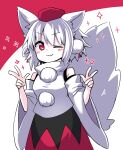  1girl :3 animal_ears bangs black_skirt double_v highres inubashiri_momiji looking_at_viewer one_eye_closed pokopoko_ponzu pom_pom_(clothes) red_background red_eyes shirt skirt smile solo tail touhou two-tone_background upper_body v white_background white_hair white_shirt wolf_ears wolf_girl wolf_tail 