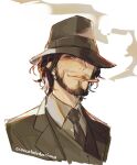  1boy artist_name beard black_hair black_headwear black_jacket black_necktie black_vest brown_eyes cigarette cioccolatodorima collared_shirt commentary cropped_torso english_commentary facial_hair fedora hat hat_over_one_eye jacket jigen_daisuke looking_at_viewer lupin_iii male_focus necktie shirt short_hair simple_background smirk smoke solo suit_jacket vest white_background white_shirt 