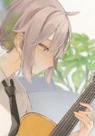  1girl aaoshigatoutoi ahoge black_necktie blurry blush collared_shirt commentary depth_of_field girls_frontline grey_eyes grey_hair guitar highres instrument m200_(girls&#039;_frontline) music necktie plant playing_instrument profile shirt short_hair sidelocks solo white_shirt 