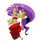  1girl :d blue_eyes breasts dark-skinned_female dark_skin full_body highres jumping long_hair navel open_mouth ponytail purple_hair shantae shantae_(series) simple_background smile solo strapless thehelmet_guy tube_top v very_long_hair white_background 