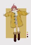  1girl ^_^ ^o^ absurdres ahoge blush closed_eyes coat color_guide full_body fur-trimmed_footwear highres idolmaster idolmaster_shiny_colors komiya_kaho outstretched_arms plaid plaid_scarf redhead scarf simple_background smile solo teteraraforest yellow_background yellow_coat 