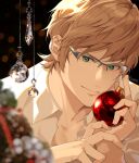  1boy blurry blurry_background blurry_foreground brown_hair christmas christmas_ornaments collared_shirt crystal final_fantasy final_fantasy_xv glasses green_eyes hair_between_eyes hinoe_(dd_works) holding_ornament ignis_scientia looking_at_viewer male_focus shirt short_hair smile solo upper_body white_shirt 