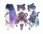  3boys animal animal_ear_fluff animal_ears arm_armor bangs barefoot belt bird black_belt black_bow black_eyes black_footwear black_hair black_shirt black_shorts black_vest blue_belt blue_eyes blue_gemstone blue_shorts blue_vest blunt_ends blush bow cat_ears cat_tail chibi closed_mouth detached_sleeves from_side full_body gem genshin_impact gold grey_fur grey_socks grey_vest hair_between_eyes half-closed_eye hand_on_hip hand_up highres jewelry leaf leg_up long_sleeves looking_at_another looking_at_viewer looking_down looking_up male_focus mandarin_collar mitsudomoe_(shape) multiple_boys multiple_persona necklace no_headwear no_mouth official_alternate_costume open_clothes open_mouth open_vest orange_fur pom_pom_(clothes) purple_belt purple_shirt purple_socks red_bow sandals scaramouche_(genshin_impact) scaramouche_(kabukimono)_(genshin_impact) shirt short_hair short_sleeves shorts simple_background sitting sitting_on_person sleeveless sleeveless_shirt smile smug socks standing standing_on_one_leg tail toketeruegg3 tomoe_(symbol) tongue two-tone_fur two-tone_vest v-shaped_eyebrows veil vest violet_eyes vision_(genshin_impact) wanderer_(genshin_impact) white_background white_vest wide_sleeves wings 