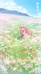  1boy 1girl artist_request blush brown_eyes bug butterfly cat chinese_commentary chinese_text clear_sky clouds commentary_request day dress field flower flower_field grass highres holding holding_flower long_hair looking_at_viewer momo_(miracle_nikki) mountainous_horizon nikki_(miracle_nikki) official_art pink_dress pink_hair shining_nikki sky smile translation_request yellow_cloak 