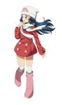  1girl :o beanie blue_eyes boots coat commentary_request floating_hair floating_scarf full_body hair_ornament hairclip hand_up hat highres hikari_(pokemon) long_hair long_sleeves over-kneehighs parted_lips pink_footwear pokemon pokemon_(game) pokemon_dppt pokemon_platinum red_coat scarf simple_background solo suitenan thigh-highs white_background white_headwear white_scarf 