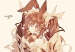  1girl animal_ears blush brown_choker brown_gloves brown_hair choker closed_mouth gloves hibi89 long_hair looking_at_viewer lopunny personification pink_eyes pokemon rabbit_ears simple_background solo twintails upper_body white_background wing_hair_ornament 