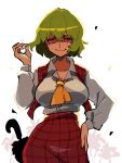  1girl ascot bangs breasts closed_mouth collared_shirt crossed_bangs green_hair hand_on_hip highres iganashi1 kazami_yuuka large_breasts long_sleeves looking_at_viewer one-hour_drawing_challenge plaid plaid_skirt plaid_vest red_eyes red_skirt red_vest shirt short_hair simple_background skirt smile solo touhou umbrella vest white_background white_shirt yellow_ascot 