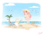  1boy 1girl anger_vein angry artist_request bangs beach bird blush branch brown_eyes cat chinese_commentary clear_sky clouds commentary_request crab dress holding holding_branch island jacket long_hair momo_(miracle_nikki) nikki_(miracle_nikki) ocean official_art outdoors pink_dress pink_hair seagull shining_nikki signature sky starfish tears yellow_cloak yellow_headwear yellow_jacket 