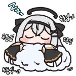  blush chibi closed_eyes clouds eversoul frilled_sleeves frills hair_ribbon headband jazz_jack korean_commentary korean_text lowres mephistopheles_(eversoul) ribbon sleep_bubble sleeping sleeves_past_fingers sleeves_past_wrists transparent_background two-tone_dress white_hair zzz 