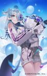  1girl :3 blue_eyes blue_flower blue_hair blue_rose bouquet cowboy_shot elira_pendora flower hair_over_one_eye head_wings holding holding_bouquet holding_flower kamameshi_gougoumaru legs_together looking_at_viewer low_wings nijisanji nijisanji_en one_eye_covered overall_shorts overalls purple_flower purple_rose rose sample_watermark sleeves_past_wrists smile solo standing white_flower white_rose wings 