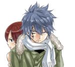  1boy 1girl back-to-back blue_eyes blue_hair blush coat couple erza_scarlet facial_mark fairy_tail frown fur-trimmed_coat fur_trim green_coat hair_between_eyes hetero jellal_fernandes mashima_hiro pout redhead scarf short_hair simple_background spiky_hair tattoo upper_body white_background white_scarf winter_clothes winter_coat 