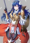  1girl ameno_(a_meno0) armor armored_dress bangs belt black_gloves black_pantyhose blue_eyes blue_hair blush boots breastplate cape closed_mouth crossed_belts cute dress feathers fire_emblem fire_emblem_awakening fire_emblem_heroes gloves grey_background hair_between_eyes hair_ornament holding holding_polearm holding_weapon intelligent_systems lips long_hair looking_at_viewer lucina_(fire_emblem) nintendo official_alternate_costume pantyhose pink_lips polearm red_belt red_cape shoulder_armor simple_background smile solo spear super_smash_bros. tiara two-tone_cape weapon white_armor white_cape white_footwear winged_hair_ornament 