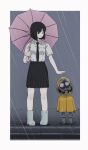  1girl android black_hair boots height_difference highres holding holding_umbrella mecha original outdoors rain raincoat robot rubber_boots school_uniform short_hair sukabu umbrella 