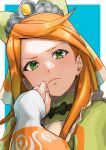  1girl aduti_momoyama bow bowtie closed_mouth etie_(fire_emblem) fingernails fire_emblem fire_emblem_engage frown green_bow green_bowtie green_eyes green_headwear hand_up highres long_sleeves orange_hair pink_lips puffy_long_sleeves puffy_sleeves sleeves_past_wrists solo tiara turtleneck upper_body yellow_gemstone 