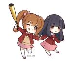  2girls bangs baseball_bat black_hair blazer blunt_bangs bow brown_eyes brown_hair chibi furukawa_misao hair_bow holding_hands jacket medium_hair misao multiple_girls narukami_aki_(female) official_art pleated_skirt school_uniform seeen skirt sweater sweater_vest thigh-highs twintails 